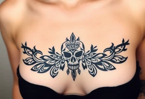 Stunning underboob tattoo with lace and elegant mandala skull tattoo idea