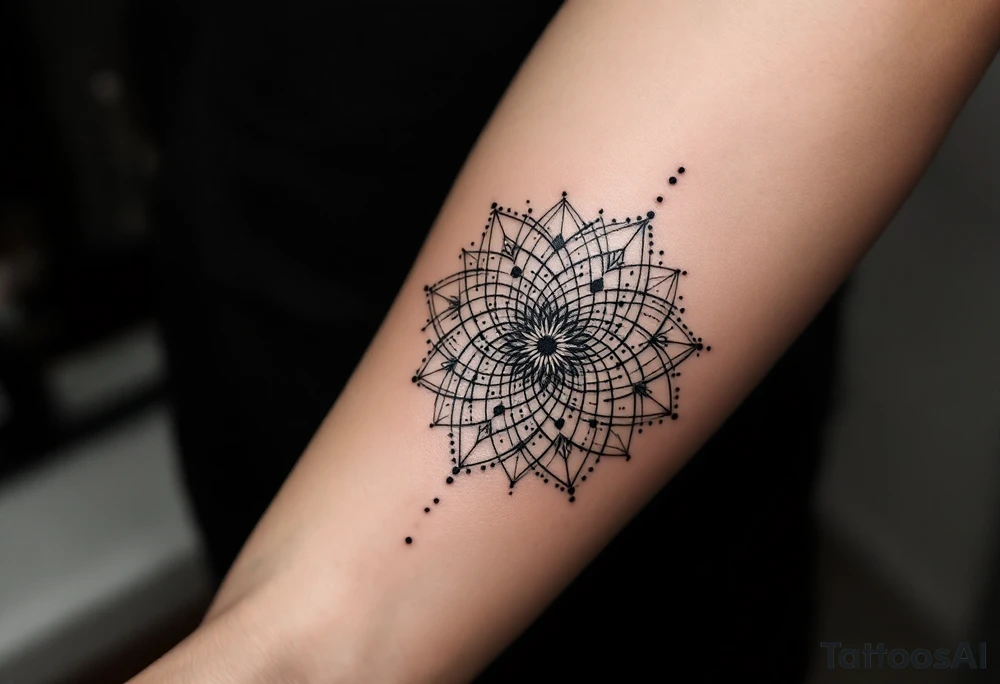 simple, minimalist tattoo, sacred geometry mandala, centerpiece design, dotwork patterns, radiating geometry, symmetrical mandala, geometric shapes, intricate dotwork, sacred patterns, mandala center, geometric radiating, fine line work, black grey shading, minimalist design, no outlines, arm placement, delicate linework, precise geometry, clean symmetry, sacred symbols, geometric precision, dotwork details, mandala focal point, refined patterns, understated complexity, geometric harmony, minimalist tattoo idea