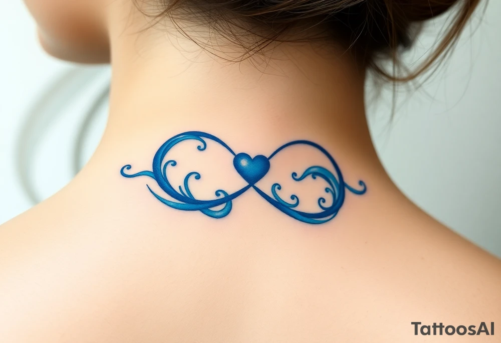 A blue infinity symbol made of delicate waves, with a small heart-shaped pearl tattoo idea