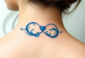 A blue infinity symbol made of delicate waves, with a small heart-shaped pearl tattoo idea