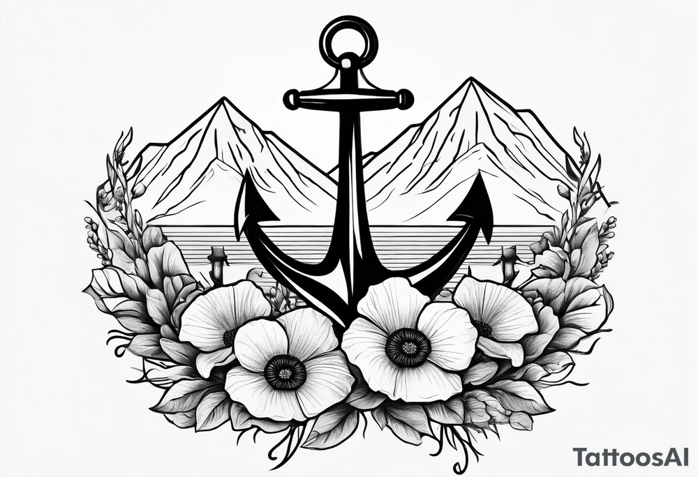 small anchor with poppy flowers intertwined and mountains behind it tattoo idea