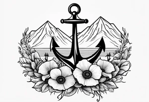 small anchor with poppy flowers intertwined and mountains behind it tattoo idea