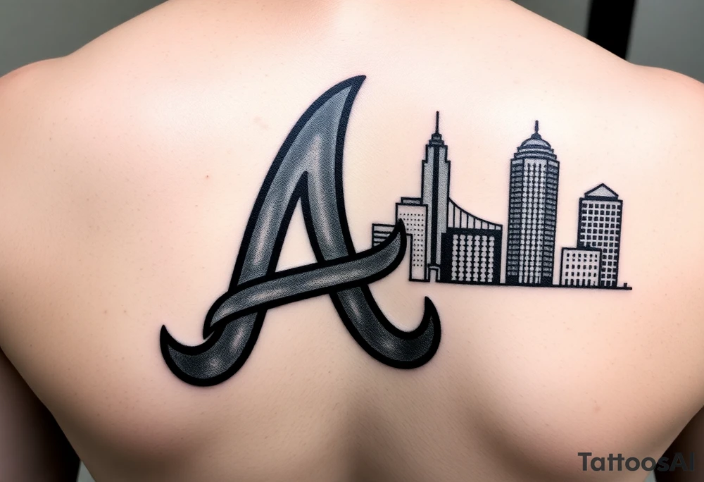 Atlanta Braves letter logo “A” overlapping the Atlanta skyline in the back on the right. The buildings as concise and jam packed parallel the logo. tattoo idea