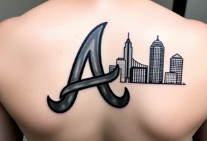 Atlanta Braves letter logo “A” overlapping the Atlanta skyline in the back on the right. The buildings as concise and jam packed parallel the logo. tattoo idea