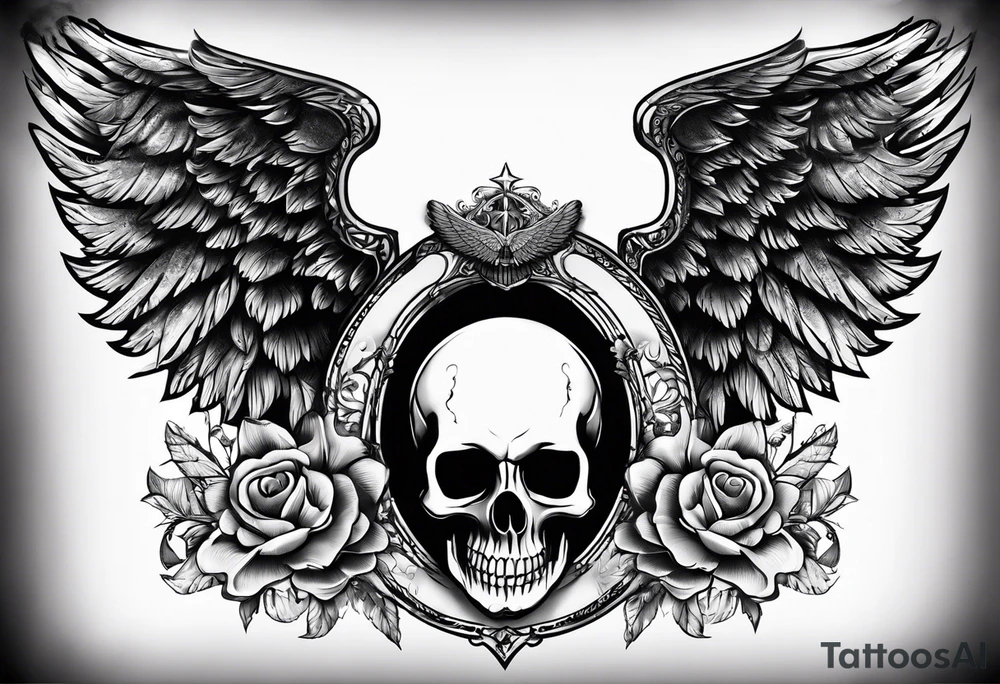 Tattooed skull with angel wings. Name Leah written under in gothic letters. tattoo idea