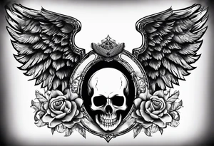 Tattooed skull with angel wings. Name Leah written under in gothic letters. tattoo idea