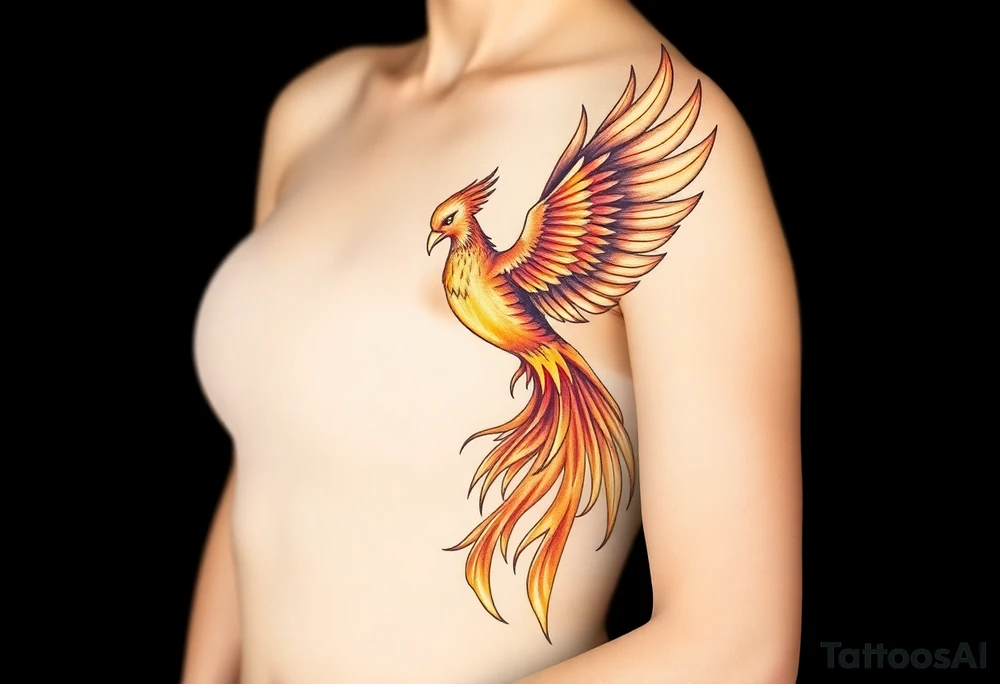 magnificent phoenix rising from golden flames with trailing embers tattoo idea