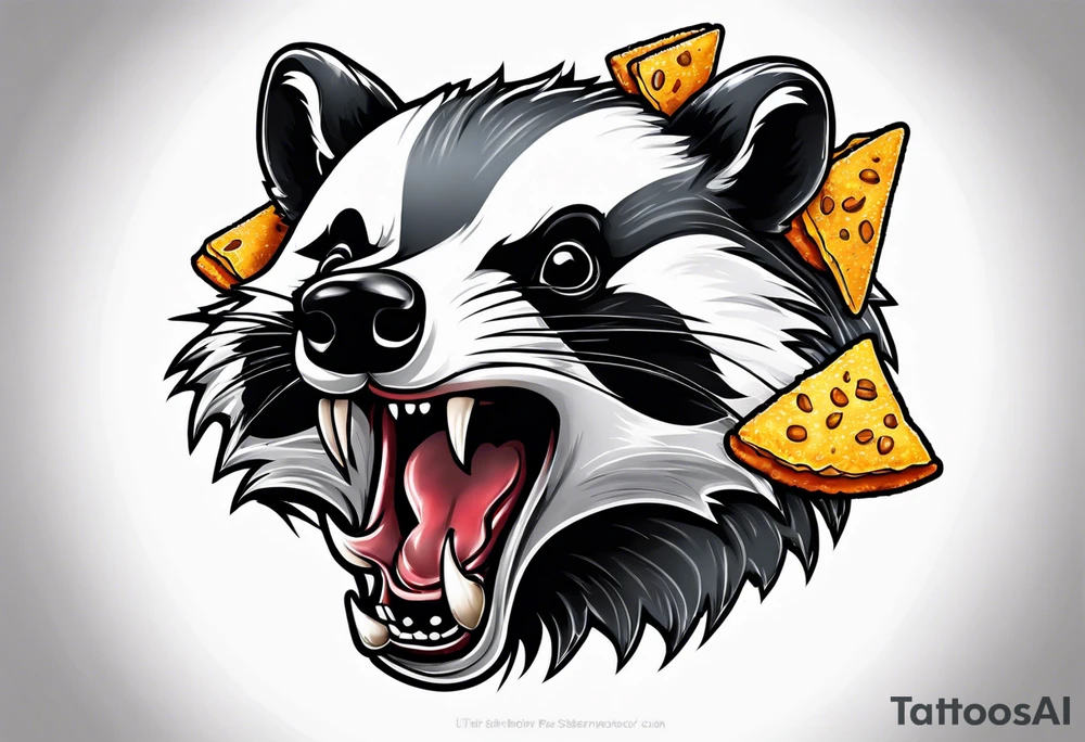 Angry badger with mouth open holding Doritos tattoo idea