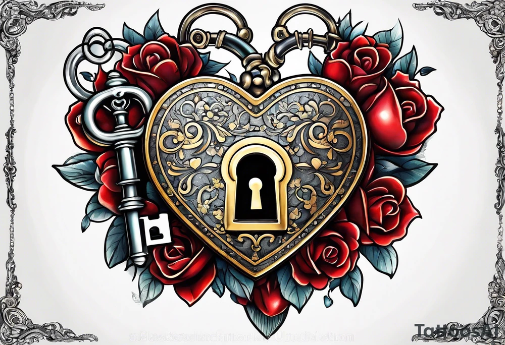 antique heart shaped lock and a key to match it tattoo idea