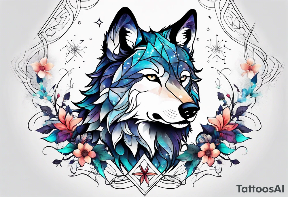Constellation, animal wolf snow , géométric , flower tattoo idea