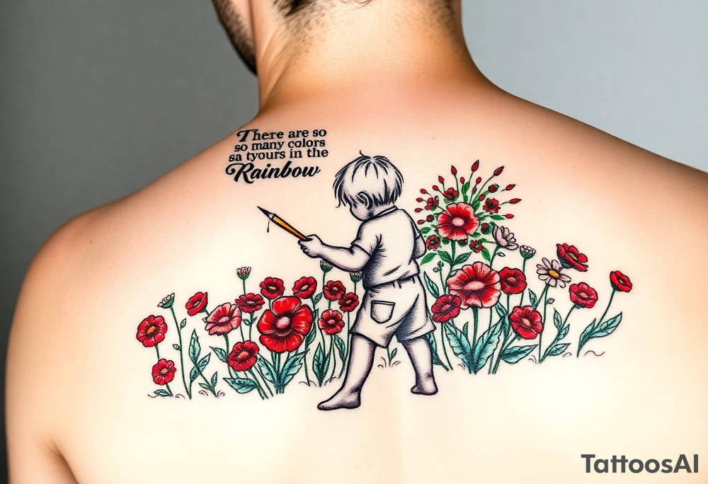 Concept:
A child holding a paintbrush, painting a field of flowers. The flowers are initially all red and green, but as the child moves forward, a burst of multicolored flowers begins to bloom, symbolizing creativity and breaking free from rigid rules. Behind the child, a shadowy figure (representing the strict teacher in the song) watches with crossed arms. The phrase "There are so many colors in the rainbow" could be subtly written in the design, blending into the artwork. tattoo idea