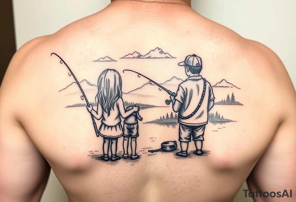 Dad fishing with 3 kids 
1Daughter and 2 sons
With lake and landscape tattoo idea
