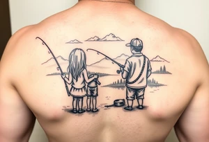 Dad fishing with 3 kids 
1Daughter and 2 sons
With lake and landscape tattoo idea