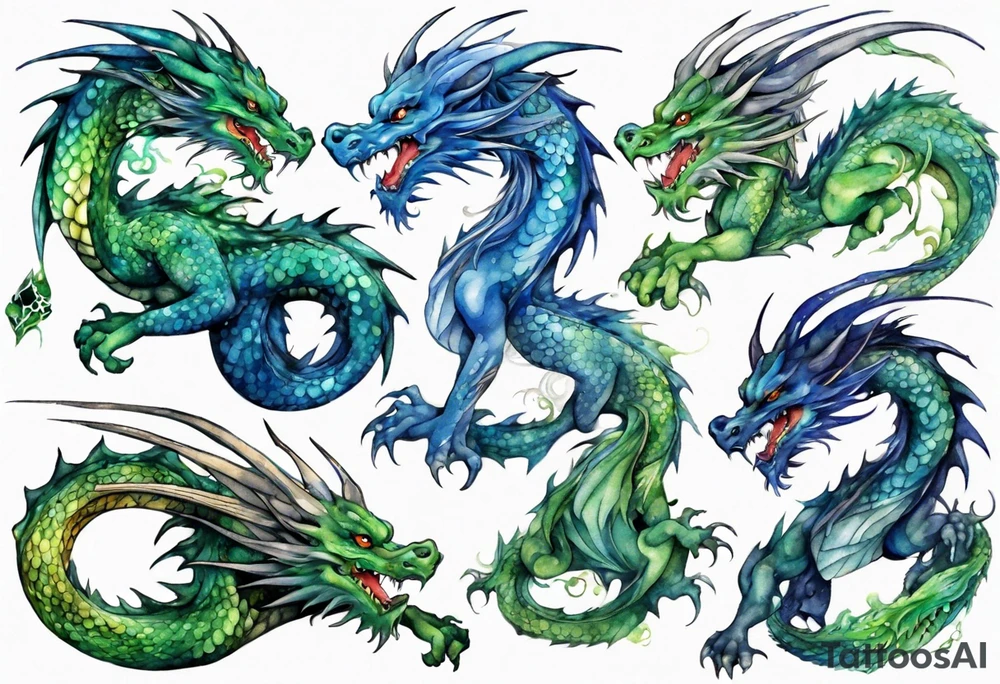 blue dragon tangled with a green dragon tattoo idea
