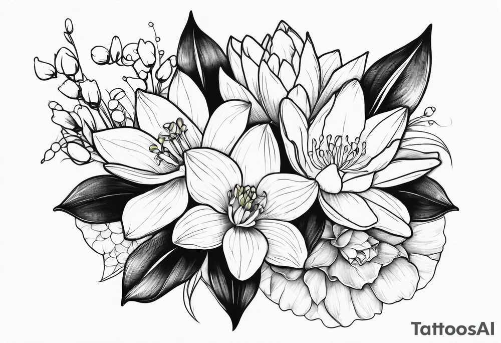 Water Lily, Lily of the Valley, Narcissus, and Gladiolus flower bouquet tattoo idea