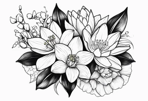 Water Lily, Lily of the Valley, Narcissus, and Gladiolus flower bouquet tattoo idea