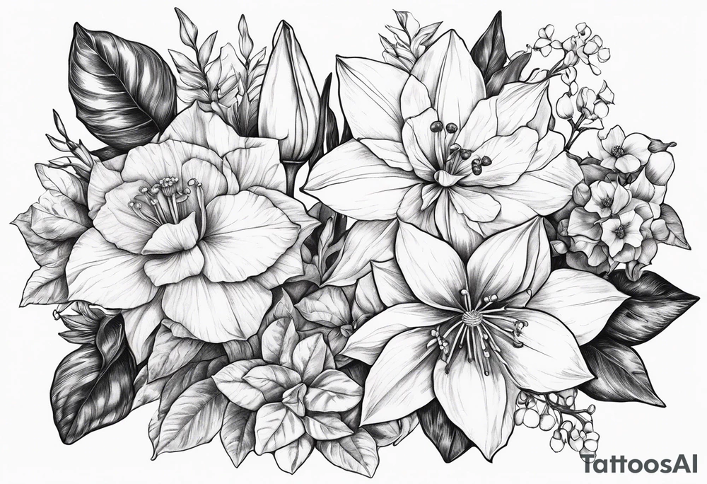 Narcissus, Poinsettia, Holly, Gladiolus, Poppy, Daisy, Sweet Pea tattoo idea