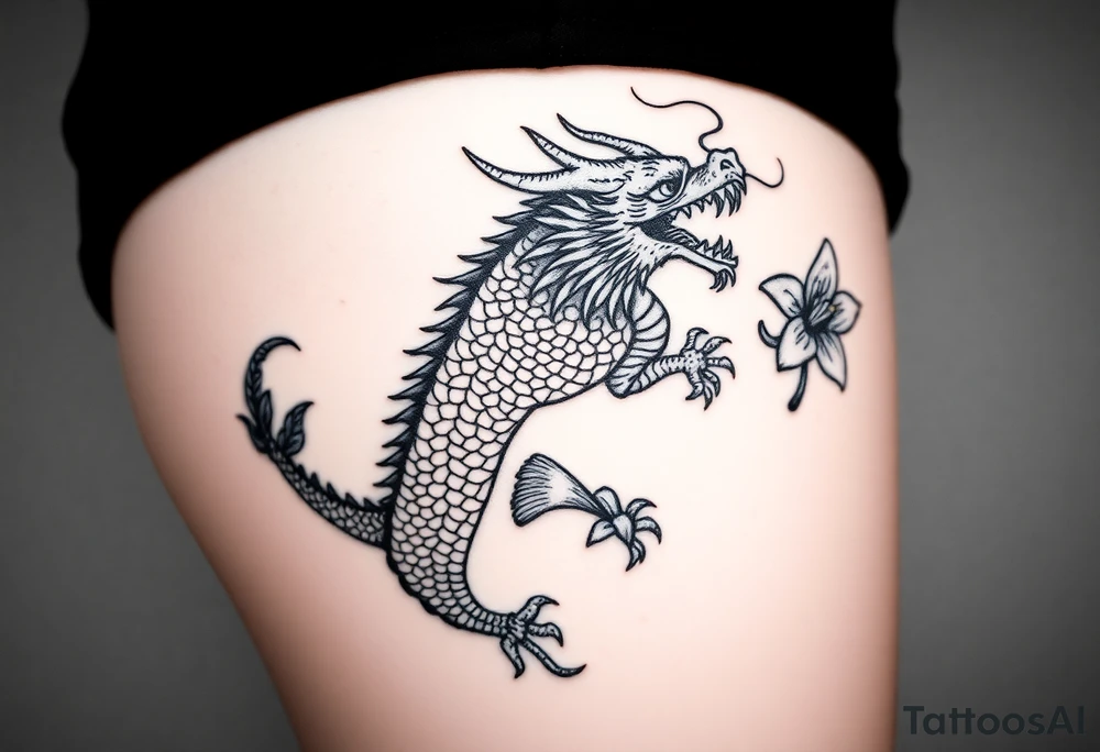 a big fire-breathing dragon with some lilys on the sides tattoo idea