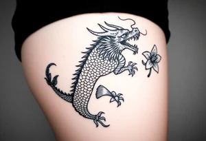 a big fire-breathing dragon with some lilys on the sides tattoo idea