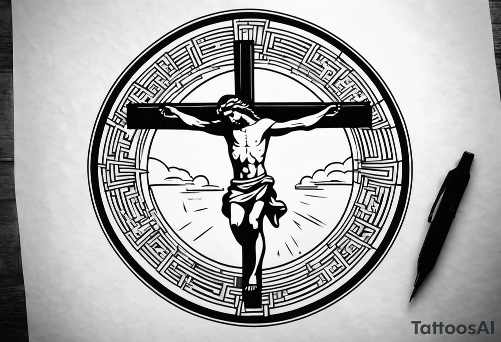 Crucified man inside a circle of Roman numerals tattoo idea