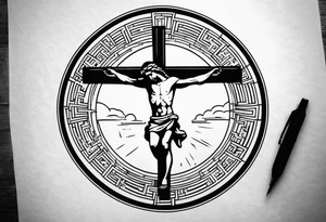 Crucified man inside a circle of Roman numerals tattoo idea