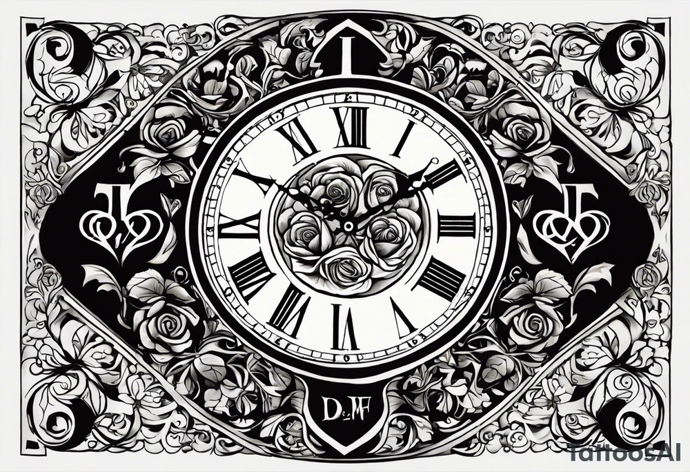 I would like a tattoo that covers the entire forearm, extending continuously and fluidly, similar to the reference photo. The design should include symbolic elements representing love and family, subtly incorporating the initials SDCM in a meaningful way. I envision a harmonious composition with elements such as a clock (symbolizing time spent with loved ones), a rose (for love), a dove (for peace and unity), or a tree of life (for family connection). The style should be realistic, in black and grey, with intricate details and smooth transitions between the elements tattoo idea