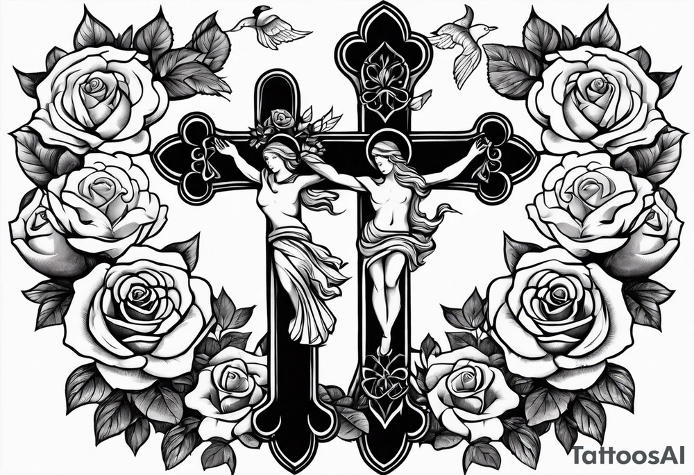 Forearm:Cross with roses and doves around it with proverbs 3:5 in side cross tattoo idea