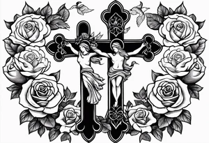 Forearm:Cross with roses and doves around it with proverbs 3:5 in side cross tattoo idea
