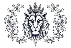 majestic lion wearing ornate crown, surrounded by baroque flourishes tattoo idea