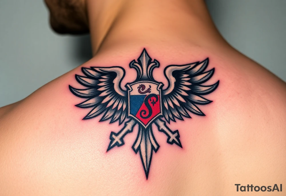 A Czech paratrooper badge with realistic shading, honoring military history with silver, red, and blue tones tattoo idea