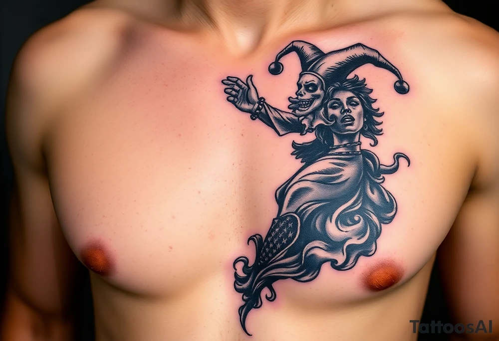 jester hovering over woman in smoke tattoo idea