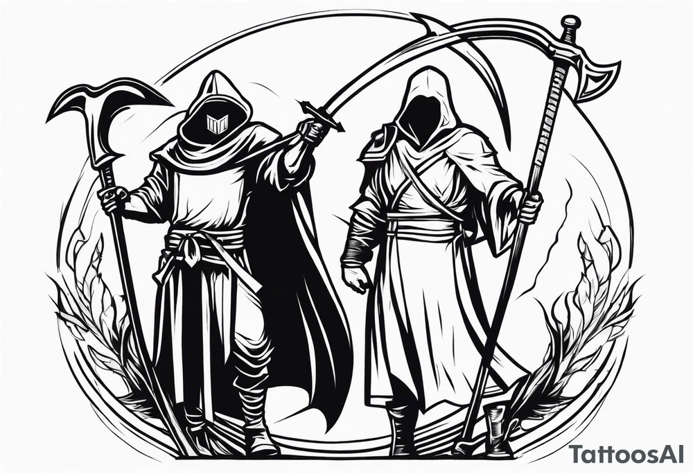 The executioner and death with a scythe shake hands tattoo idea