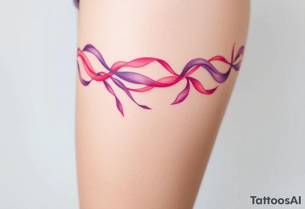 garter tattoo with flowing ribbons in shades of pink and purple tattoo idea