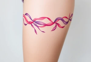 garter tattoo with flowing ribbons in shades of pink and purple tattoo idea