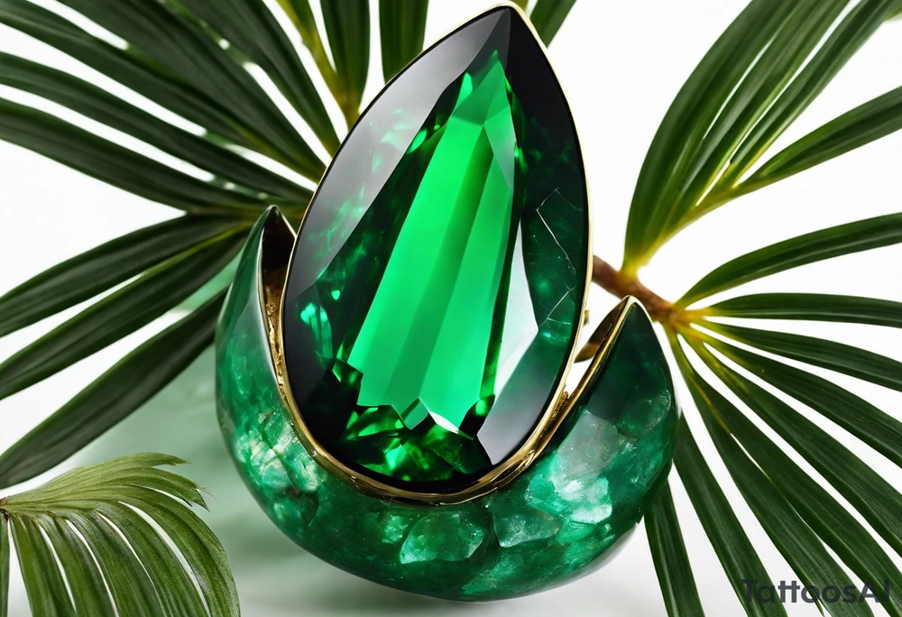 Tattoo: A striking Gachala emerald sits at the base of a tall quindio wax palm, which grows resiliently from cracks in rugged, rocky soil. The emerald is the main focal point, symbolizing strength and endurance, while the wax palm, rooted in the soil’s crevices, represents growth and resilience. A small water stream flows gently from the rocks, adding an element of life and nourishment tattoo idea