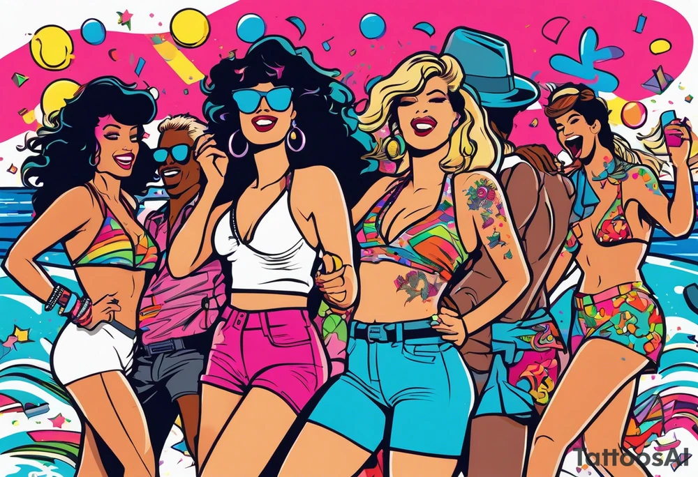 1980's miami vice style beach dance 
party, include confetti, music notes, boom box, bikinis tattoo idea