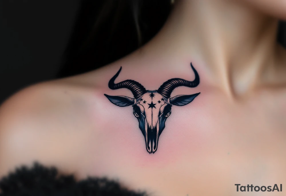 Bold black Capricorn stars arch over a dark navy goat skull, blending astrology and mythology. tattoo idea