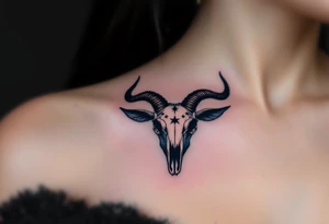 Bold black Capricorn stars arch over a dark navy goat skull, blending astrology and mythology. tattoo idea