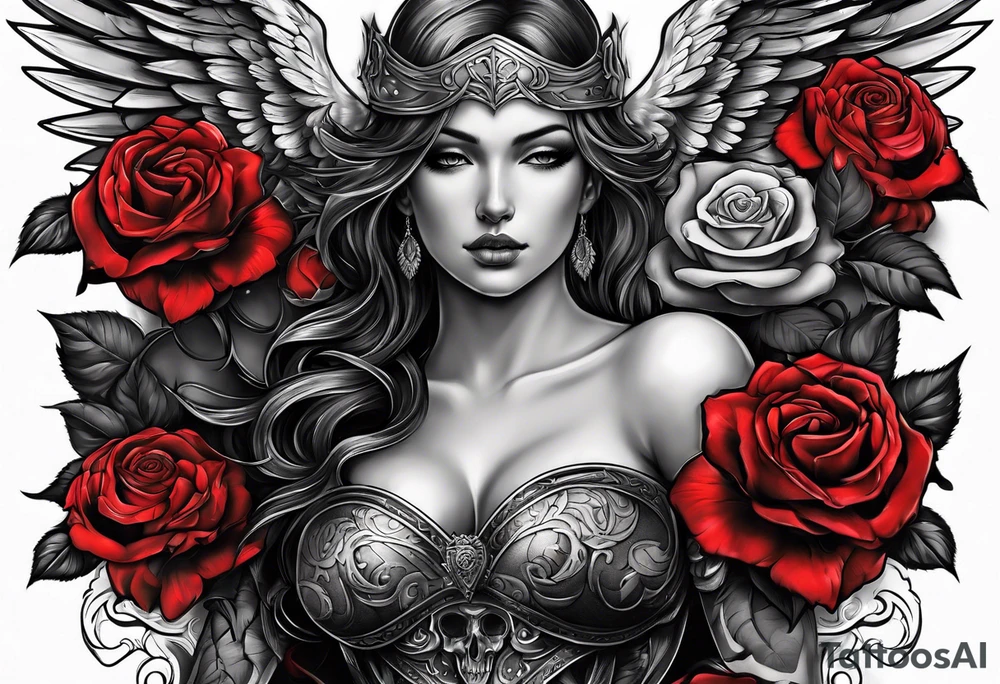 Armored angel with a skull and colored rose tattoo idea