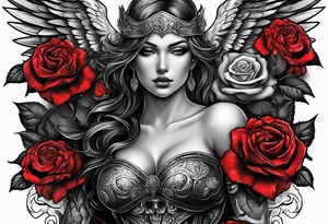Armored angel with a skull and colored rose tattoo idea