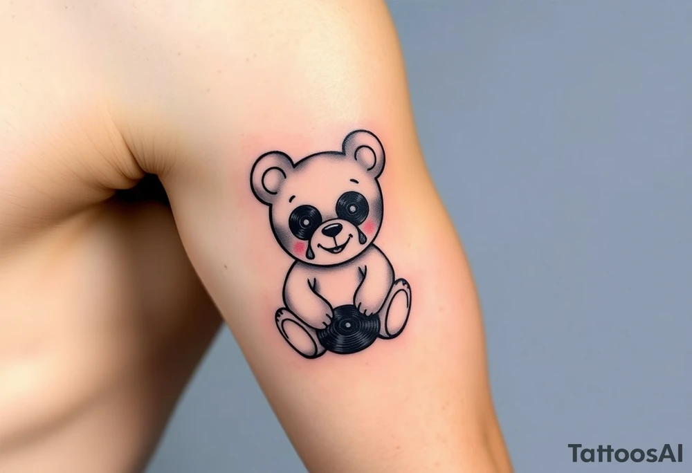 minimalist teddy bear with vinyl records as eyes smiling and sitting on a record tattoo idea