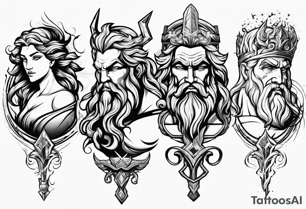 Zeus with bolt, posiden with trident and hades with his weapon in one design for arm tattoo idea