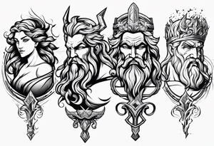 Zeus with bolt, posiden with trident and hades with his weapon in one design for arm tattoo idea