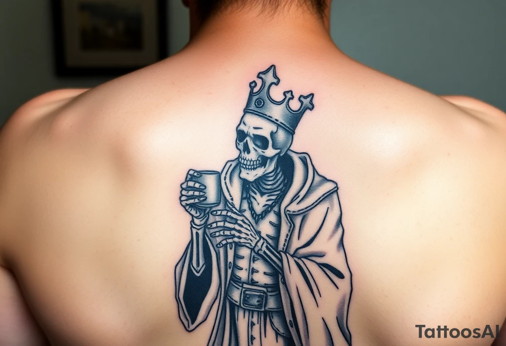 evil skeleton king in clothes getting drunk tattoo idea