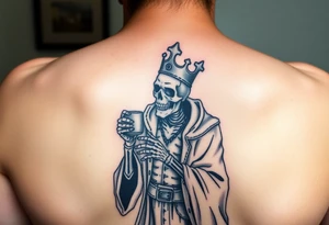 evil skeleton king in clothes getting drunk tattoo idea