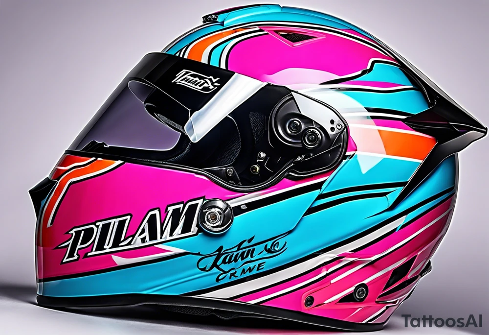 formula 1 helment with miami name a palm three and black light blue and pink colors tattoo idea