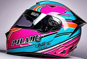 formula 1 helment with miami name a palm three and black light blue and pink colors tattoo idea