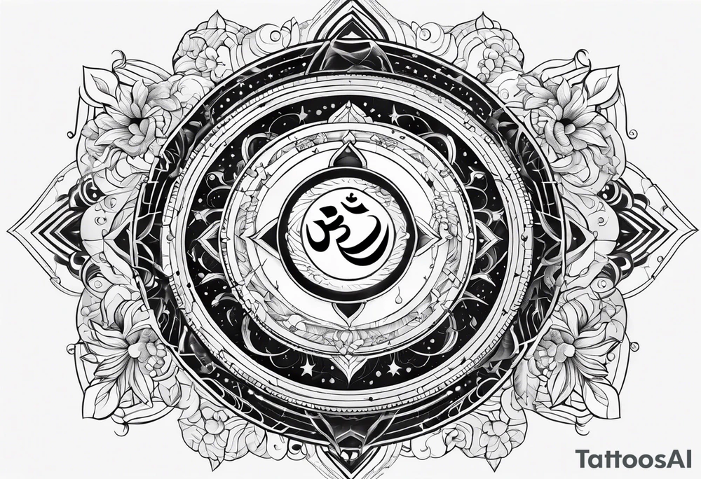 engineering and nature revolving around solar system with OM symbol in the center tattoo idea