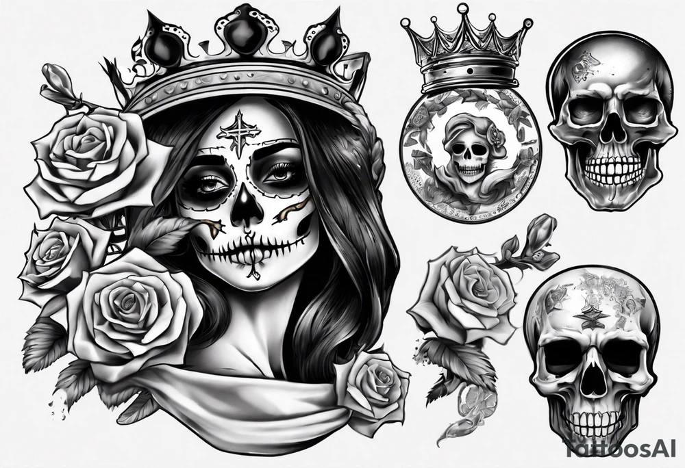 santa la muerta with money and crown tattoo idea