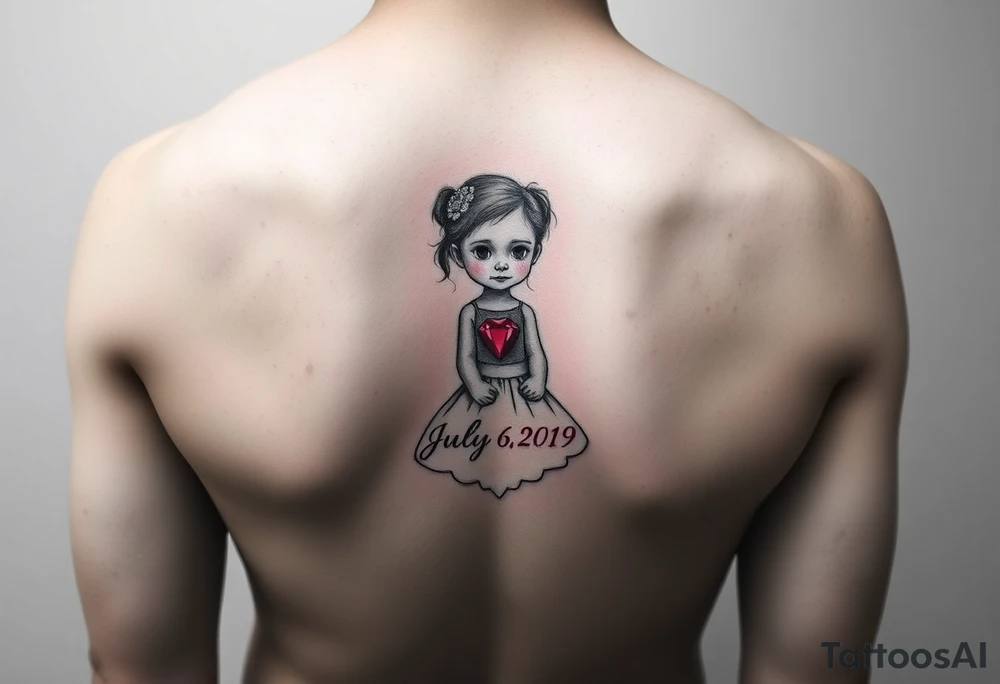 Ruby gemstone with a little girl with the birthday July 6, 2019 to fit on lower ankle tattoo idea